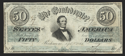 T-16. $50. 1861. Cr. 88, PF-8. No. 17. Plate XA. Jefferson Davis, center. Watermarked paper with CSA in script letters. Imprint of Keatinge & Ball printed above the Fundable
statement at left, with no VA after Richmond. Very low serial number o