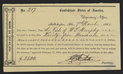 FL. Tallahassee. $3500. March 7, 1864. FL-37. No. 217. This lot begins a run of local Tallahassee Type 1 Forms, as the city and state are printed, and an interesting fact is
that 11, yes ELEVEN, different colors of paper were used to print
