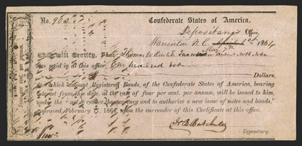 NC. Warrenton. $100. May 7, 1864. NC-172. Richmond Type II. No. 902. Plate IDR Form, page 285. Transfer endorsement on back. VFEF, with tiny paper loss at center of cut cancel.
Pinholes.