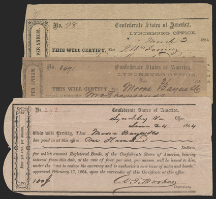 Trio of Lynchburg, Virginia IDRs from 1864: [3] 1) $100. June 24, 1864. VA-92. No. 98. VG. 2) $2000. March 31, 1864. VA-93. No. 2491. VG. 3) $200. March 3, 1864. VA-96. No.
293. Fine. From The Holger Dreher Collection