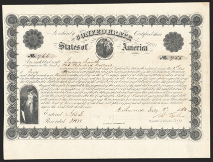 Act of February 28, 1861. $100. Cr. 10, B-19. No. 766. Confederacy, left farmer with woman, center. Signed by Tyler. Red transfer form on verso. Folds, dark toning upper right,
overall toning, foxed on verso, about VF. From The H