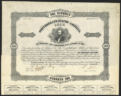 Act of August 19, 1861. $100. Cr. 42, B-107. No. 1010. Portrait of George W. Randolph. Signed by Tyler. 25 coupons below. Fold and edge wear, toning especially at edges, about
VF. From The Holger Dreher Collection