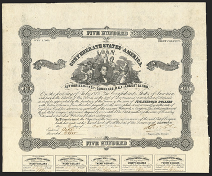 Act of August 19, 1861. $500. Cr. 63, B-81. No. .... Vignette of S.R. Mallory, surrounded by three female figures. Signed by Tyler.  17 coupons below. Folds, light wear along
right edge, good VF. From The Holger Dreher Collection