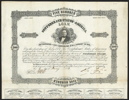Act of August 19, 1861. $500. Cr. 69. Criswell Plate Bond. B-108. No. 1615. Robert Toombs. Signed by Tyler. 26 coupons below. Toning along folds, VF. From The Holger Dreher
Collection
