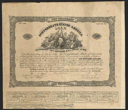 Act of August 19, 1861. $1000. Cr. 79, B-41. No. 710. Portrait of Samuel Preston Moore, Surgeon General, C.S. Army, surrounded by three female allegoricals. Signed by Tyler.
Coupons complete. Well toned, with small hole, foxing, fold and edge