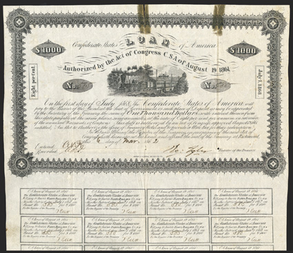 Act of August 19, 1861. $1000. Cr. 83, B-53. No. 585. Train with straight steam, ship in distance. Signed by Tyler. Complete 13 coupons Tesa (?) - only 5 known. Fold wear
including internal holes and splits at top and bottom, with two tape