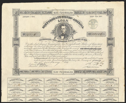 Act of August 19, 1861. $1000. Cr. X-97, B-C115. No.18006 C.G. Memminger, top center. Note serial number is much higher than issue number of 1,615. Signatures printed, with
some pen embellishing of Tylers. 26 coupons below. Dutch stamp on face