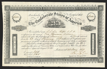 Act of August 19, 1861. $2000. Cr. 105, B-140. No. 467. As previous. Assigned to Captain Sidney Smith Lee, Robert E Lees older brother, appropriate given the ship vignette, as
Captain Lee was in the CSA Navy. Fold and edge wear, but a strong