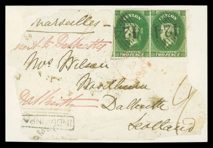 2d. yellowish green pair with virtually good to large margins all round, affixed on ragged piece addressed to Scotland, both centrally cancelled by superb 124 obliterator of
Aden and tied by circular-framed moretopay handstamp in red. <
