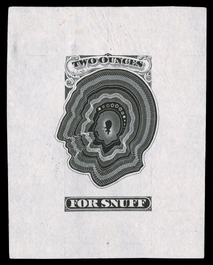 Turner Essay S-4, Lincoln engraved profile progressive essay for 1870 snuff issue, with Two Ounces and For Snuff imprints added at top and bottom, engraved head design facing
left, in black on India paper measuring 50x63mm, very fine and ra