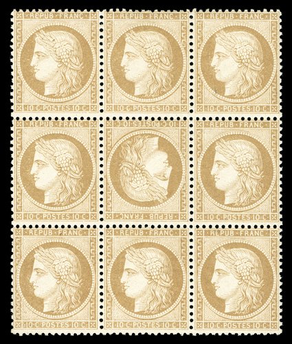 54a, 1870 10c Bister on yellowish, tete-beche, a visually striking mint block of nine (3x3), the center stamp the inverted cliche, wonderfully fresh color and paper, strong and
intact perforations all around, full clean original gum, the top and