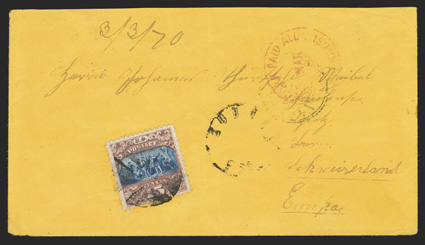 119, 15c Brown and blue, Ty. II, well centered and fresh single tied by circle of wedges cancel on 1870 yellow cover to Switzerland, red New York exchange office c.d.s., Basel
and Spietz backstamps, very fine an especially attractive usage