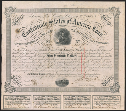 Act of February 20, 1863. $500. Cr. 121, B-225. Trans-Mississippi Bond. No. 24070. As previous, except for two line red overprint, and issued from Shreveport, La and endorsed
by H.J.G. Battle, CSA depositary on verso. Signed by Tyler. 7 cou