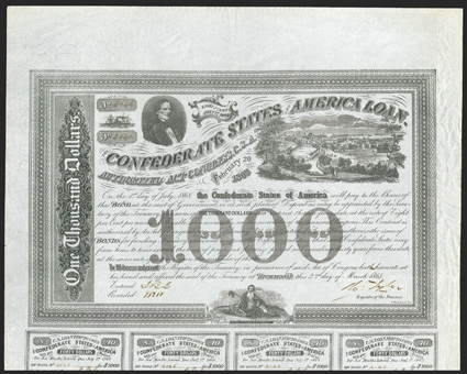 Act of February 20, 1863. $1000. Cr. 125A, B-210. No. 4046. As previous, except printed on a blue paper watermarked C. Ansell 1863. Interestingly, Dr. Balls book skipped 209.
Signed by Tyler. Wear at right edge, lower left corner out, ir