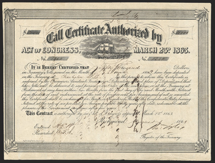 Act of March 23, 1863. $50,000. Cr. 135, B-275. No. 1362. Full rigged sailing ship, center. Signed by Tyler. Toned, show-through from transfer on verso, small hole in face,
but about VF. Ex. NASCA January 1983 Affleck Sale, Lot 6083.<