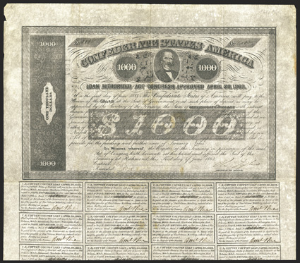 Act of April 30, 1863. $1000. Cr. 138, B-280. No. 2145. James A. Seddon, CSA Secretary of War. Signed by Tyler. 19 coupons below, one missing. Imprint Carine. Some dark
stains, edge and fold wear, VF. From The Holger Dreher Collec