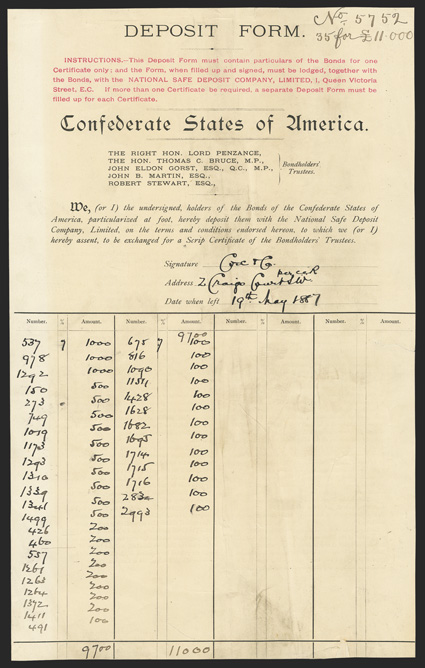 Deposit Form. Cr. 175B. No. 5752. Form listing 35 bonds for a total 11,000 pounds sterling, deposited at the National Safe Deposit Co Ltd, May 19, 1887. Typeset, instructions
printed at top in red. Soiled, toned, chip out along lower border r