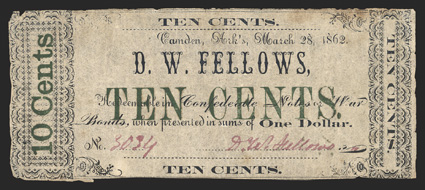 AR. Camden. D. W. Fellows. 10 Cents. March 28, 1862. (Rothert 95-1). No. 3034. Decorative End Panels with denominations at each end. Blue Ink. Green overprint of TEN CENTS at
center. Tissue-thin paper. FVF, small tear and stain