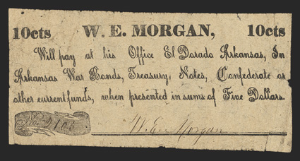 AR. El Dorado. A Collection of W.E. Morgan Scrip Notes. Morgan was an elected official of Union County. All are About Fine, with irregular edges. 1) 10c. (R-165-1). 2) 25c.
(R-162-2). 3) 50c. (R-162-3). 4) $1. (R-162-4). 5) $2. (R-162-5