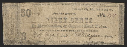 AR. Fort Smith City. W. Mayers. 50 Cents. Jan. 5, 1862. (Rothert-234-12). No. 849, Plate B. Decorative end panel at left with Redeemable by Stirman & Dickson, Fayetteville.
Typeset in black ink on thin tissue-like brown paper. Signe