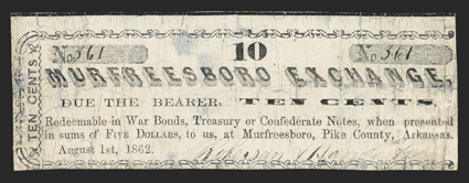AR. Murfreesboro. Roberson & Hancock, Murfreesboro Exchange. 10 Cents. Aug. 1, 1862. (Rothert 515-1) Rothert Plate Note. Type set. VG, thins, and some repair work has been
done. Ex. Amon Carter, Jr. Collection Schingoethe, Sa