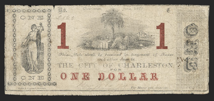 SC. Charleston. City of Charleston. $1. June 1862. (Sheheen 807). No. 2862. Justice at left. Palmetto tree at top center. Red overprints of 1 left and right and One Dollar at
bottom. Blue overprint on back of ONE. Imprint of E