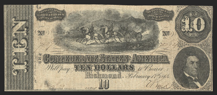 T-68. $10. Missing Plate Letter.  1864. Cr. 540A, PF-1. No. 75694. Plate G. Horses pulling cannon in the center. R.M.T. Hunter, right.  Missing right G plate letter - State
IIIG. Fine.