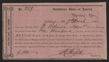 FL. Tallahassee. $100. March 7 , 1864. FL-38. No. 259. Same as previous but printed on dark pink paper. This is a mate to the Plate Note pictured on page 140, as Mr. Robinson
requested to have his obviously larger deposit broken down into s