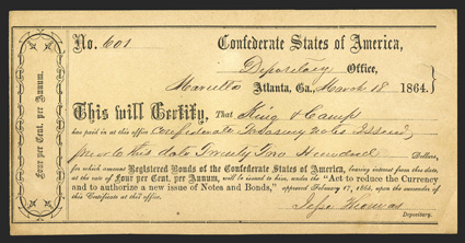 GA. Marietta. $2,200. March 18, 1864. GA-90A. Type 2A (wide left border). No. 601. Plate IDR Form, page 173. Marietta written in to the left of Atlanta as place of issuance. No
printers imprint. About Uncirculated with a single