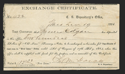 TX. Waco. $200. Dec. 19, 1864. TX-Unlisted. Houston Type 17, Exchange Certificate. No. 472. This is a discovery piece, and upon conferring with the authors of the IDR Book,
catalog number TX-102 has been assigned to this example. VGFine<