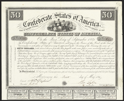 Act of February 28, 1861. $50. Cr. 5, B-2. No. 6341. On thick bond paper. Two females representing Commerce and Agriculture, ships and factories behind. Signed by Tyler. 9
coupons below. Folds, wear at right edge including nick at fold, about