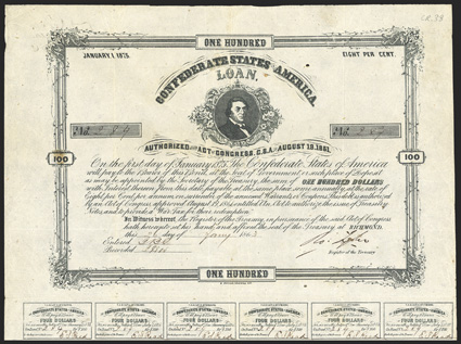 Act of August 19, 1861. $100. Cr. 38, B-87. No. 284 As previous. Without error. Signed by Tyler. 20 coupons below. Edge wear, light foxing, VF. From The Holger Dreher
Collection