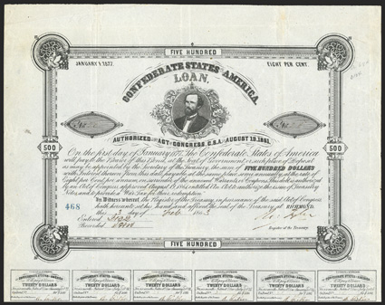 Act of August 19, 1861. $500. Cr. 68A, B-103. No. 28. As previous, but without imprint B. Duncan. Signed by Tyler. 24 coupons below. Fold wear, some discoloration at right
edge, VF. From The Holger Dreher Collection