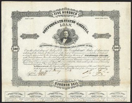 Act of August 19, 1861. $500. Cr. 69. Criswell Plate Bond. B-108. No. 1615. Robert Toombs. Signed by Tyler. 26 coupons below. Toning along folds, VF. From The Holger Dreher
Collection