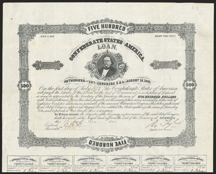 Act of August 19, 1861. $500. Cr. 69, B-108. No. 774. Robert Toombs. Signed by Tyler. 25 coupons below. Folds, some spots, VF. From The Holger Dreher Collection