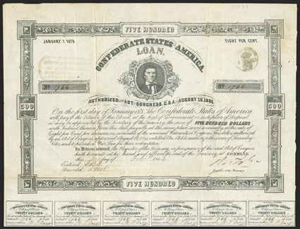 Act of August 19, 1861. $500. Cr. 70, B-113. No. 1966. Printed on thin paper. A. H. Stephens. No imprint. Signed by Tyler. 26 coupons below. Dutch stamp on verso Dutch revenue
stamp upper right. Edge and fold wear, VF. From The Holge