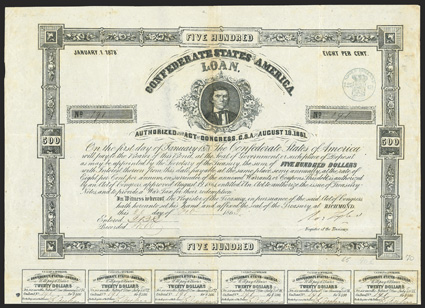 Act of August 19, 1861. $500. Cr. 70, B-113. No. 191. On thick paper. As previous, with no imprint. Signed by Tyler. 26 coupons below. Folds, light spotting and edge wear, VF.
From The Holger Dreher Collection