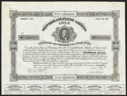 Act of August 19, 1861. $500. Cr. 70, B-114. No. 328. As previous, except blue-black ink on mottled paper. With no imprint. Signed by Tyler. 26 coupons below. Dutch revenue
stamp. Foxed, especially along vertical fold, edge wear, a strong <