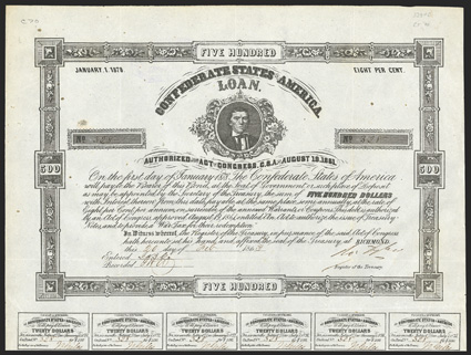 Act of August 19, 1861. $500. Cr. 70, B-114. No. 328. As previous, except blue-black ink on mottled paper. With no imprint. Signed by Tyler. 26 coupons below. Dutch revenue
stamp. Foxed, especially along vertical fold, edge wear, a strong <