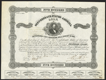 Act of August 19, 1861. $500. Cr. 71, B-117. No. 383. Judah P. Benjamin portrait. Signed by Tyler. 27 coupons below. Folds, light soiling, a good VF. From The Holger Dreher
Collection