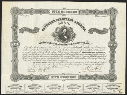 Act of August 19, 1861. $500. Cr. 71, B-117. No. 383. Judah P. Benjamin portrait. Signed by Tyler. 27 coupons below. Folds, light soiling, a good VF. From The Holger Dreher
Collection