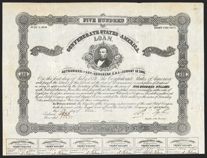 Act of August 19, 1861. $500. Cr. 72, B-120. No. 1834. T. H. Watts. Signed by Tyler. 31 coupons below. Folds, staple holes in margins, light foxing, about VF. From The Holger
Dreher Collection