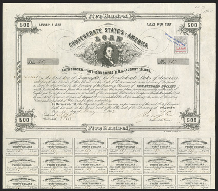 Act of August 19, 1861. $500. Cr. 73, B-123. No. 857. R.M.T. Hunter, top center. Signed by Tyler. 30 coupons below. Dutch stamp at top right. Fold and edge wear, but VF. From
The Holger Dreher Collection