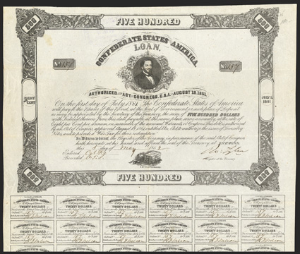 Act of August 19, 1861. $500. Cr. 75, B-134. No. 157. Judah P. Benjamin, top center. Dog with safe and key, bottom. Signed by Tyler. Bondholders Committee stamp on verso. 33
coupons below. Light stain upper left, edge wear, folds, VF. <