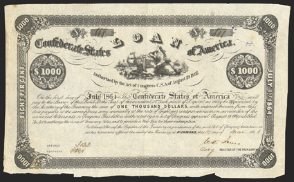 Act of August 19, 1861. $1000. Cr. 76, B-32. No. 688. Due July 1, 1864. Vignette of Liberty, Confederate flag on shield, ships. 24 stamp on verso. Edge wear especially at
bottom including margin tears, toned, light spotting, but sharp