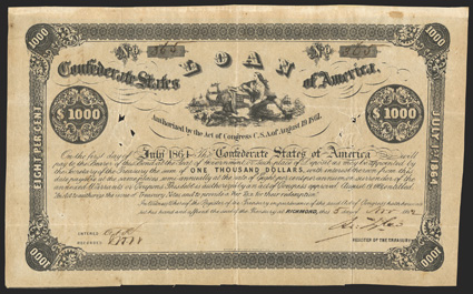 Act of August 19, 1861. $1000. Cr. 76, B-32. No. 365. Due July 1, 1864. As previous, but signed by Tyler. Dark toning, spindle holes at right and left, fold and edge wear,
about Fine. From The Holger Dreher Collection