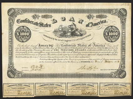 Act of August 19, 1861. $1000. Cr. 77, B-35. No. 214. Due January 1, 1865. As previous. Signed by Tyler. 4 coupons below. Uneven overall toning, folds, about VF. From The
Holger Dreher Collection