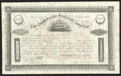 Act of August 19, 1861. $1000. Cr. 103, B-139. No. 954. Due January 1, 1874. As previous. Signed by Tyler. Folds soiling in right margin, sharp VF. From The Holger Dreher
Collection
