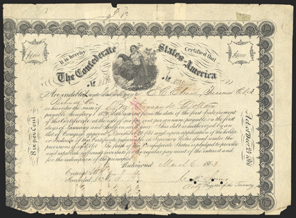 Act of December 24, 1861. $1000. Cr. 109, B-146a. No. 8510. Border Variety 3. Ceres with cornucopia and caduceus. Issued to and signed by Elmore on reverse. Made payable in
notes dated December 2, 1862. One of the last ones issued. Written